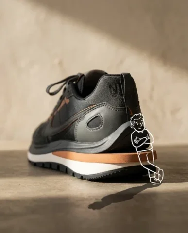 Minimalist Sneaker Product Photography with Doodle Overlay 6 — Nano Banana AI Prompt: The background is a textured oatmeal-beige wall with subtle plaster grain. Soft...