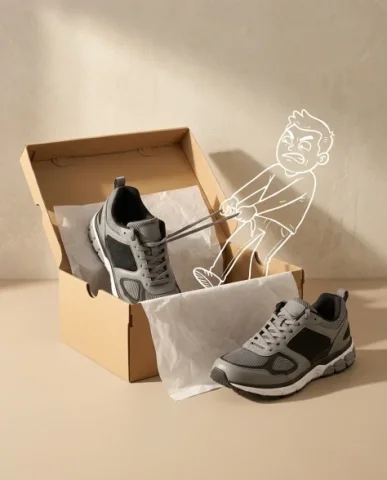 Minimalist Sneaker Product Photography with Doodle Overlay 7 — Nano Banana AI Prompt: The sneaker sits on a simple matte surface against a textured oatmeal-beige wall...