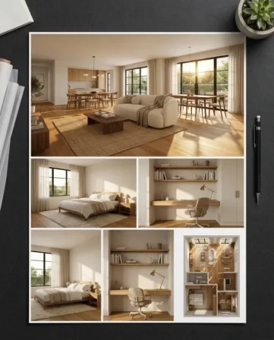 Modern Minimalist Interior Design Presentation Board 1 — Nano Banana AI Prompt: The small image at the bottom right presents a three-dimensional top-down floor...