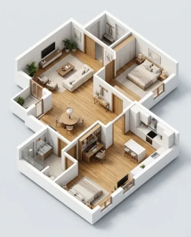 Modern Minimalist Interior Design Presentation Board 5 — Nano Banana AI Prompt: Modern Minimalist home office at late afternoon. A clean oak desk positioned aga...