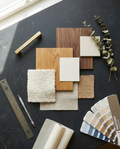Modern Minimalist Interior Design Presentation Board 7 — Nano Banana AI Prompt: Modern Minimalist living area at golden hour. Warm honey-toned oak wood flooring...