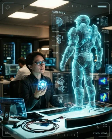 Futuristic Engineer with Holographic Exosuit Projection 1 — Nano Banana AI Prompt: The holographic suit is rendered in translucent cyan-blue light with visible wir...