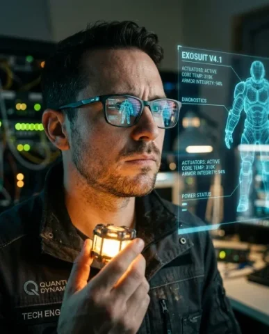 Futuristic Engineer with Holographic Exosuit Projection 2 — Nano Banana AI Prompt: The compact glowing energy core device is held near chest level in one hand, cas...
