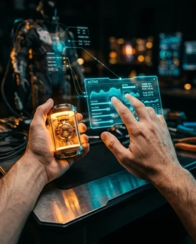 Futuristic Engineer with Holographic Exosuit Projection 4 — Nano Banana AI Prompt: An extreme close-up of the engineer's hands interacting with a holographic augme...