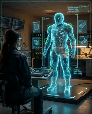 Futuristic Engineer with Holographic Exosuit Projection 5 — Nano Banana AI Prompt: The engineer's shoulder and the side of their head occupy the left foreground in...
