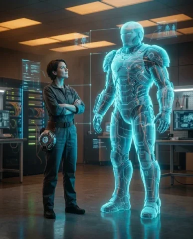 Futuristic Engineer with Holographic Exosuit Projection 6 — Nano Banana AI Prompt: Floating diagnostic data orbits both figures — measurement lines connecting corr...