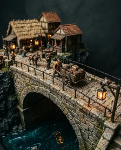 Floating Miniature Trading Settlement Bridge Diorama 2 — Nano Banana AI Prompt: The lantern glass is painted translucent with visible warm filament detail insid...