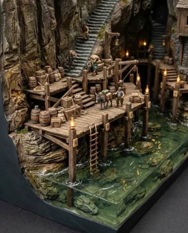 Floating Miniature Trading Settlement Bridge Diorama 3 — Nano Banana AI Prompt: Tiny hand-painted crates and barrels are stacked on the dock planks, some with m...