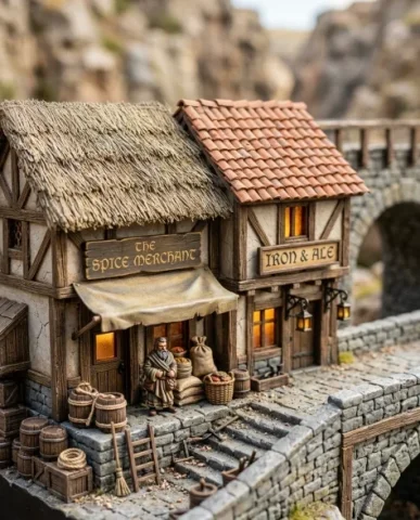 Floating Miniature Trading Settlement Bridge Diorama 4 — Nano Banana AI Prompt: The floating diorama's base terminates cleanly below the water surface against t...