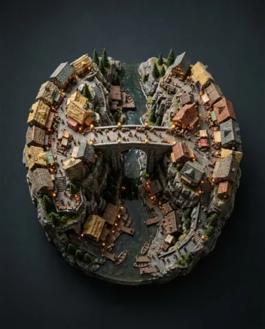 Floating Miniature Trading Settlement Bridge Diorama 5 — Nano Banana AI Prompt: The translucent resin river runs through the center of the gorge, catching warm...