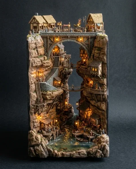 Floating Miniature Trading Settlement Bridge Diorama 6