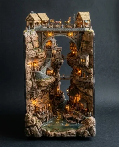 Floating Miniature Trading Settlement Bridge Diorama 6 — Nano Banana AI Prompt: This angle reveals the full vertical depth of the gorge — from the bridge and me...