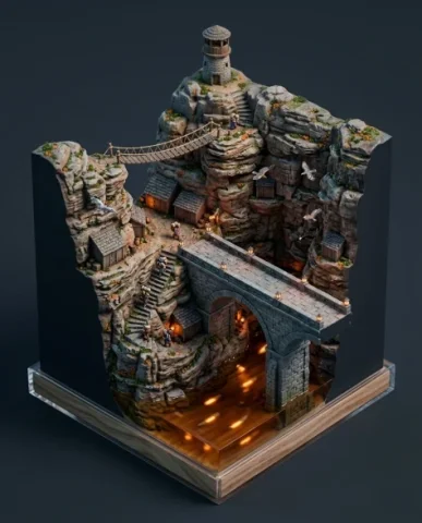 Floating Miniature Trading Settlement Bridge Diorama 7 — Nano Banana AI Prompt: Tiny trader figures navigate a narrow stairway carved directly into the rock fac...