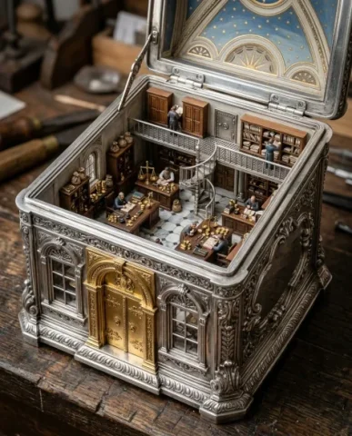 Ornate Box Diorama of a Royal Treasury Counting Room 1 — Nano Banana AI Prompt: An ultra-realistic cinematic miniature diorama photograph of an ornate antique b...