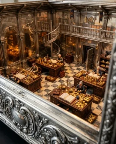 Ornate Box Diorama of a Royal Treasury Counting Room 2 — Nano Banana AI Prompt: An ultra-realistic close-up photograph looking over the front wall rim of an orn...