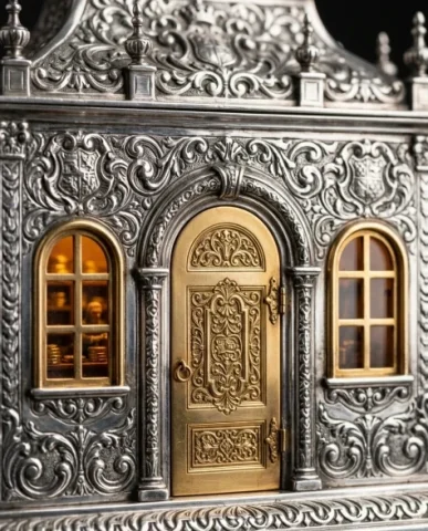 Ornate Box Diorama of a Royal Treasury Counting Room 3 — Nano Banana AI Prompt: An extreme close-up photograph of the front facade of an ornate polished silver...