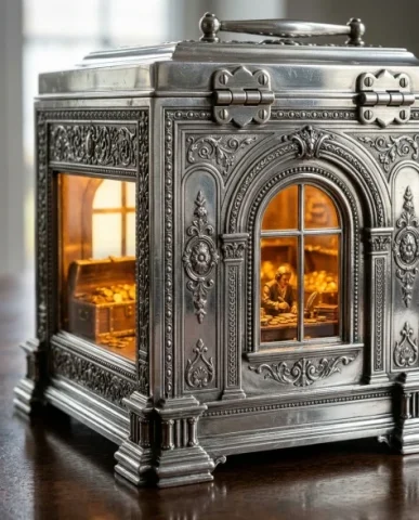 Ornate Box Diorama of a Royal Treasury Counting Room 5 — Nano Banana AI Prompt: An ultra-realistic photograph emphasizing the right wall of the ornate polished...