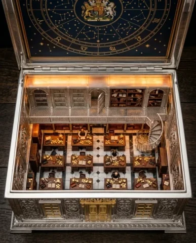 Ornate Box Diorama of a Royal Treasury Counting Room 6 — Nano Banana AI Prompt: An ultra-realistic top-down photograph looking directly into the open ornate pol...