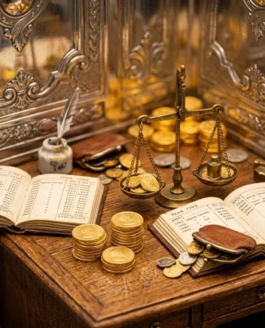 Ornate Box Diorama of a Royal Treasury Counting Room 7 — Nano Banana AI Prompt: An extreme macro photograph of a single heavy wooden desk inside the Royal Treas...
