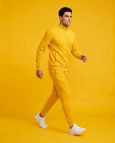 Split-Screen Color-Blocked Fashion Editorial 2 — Nano Banana AI Prompt: She wears an emerald-green athletic-inspired casual sportswear set — a relaxed c...