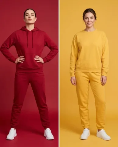 Split-Screen Color-Blocked Fashion Editorial 6 — Nano Banana AI Prompt: The tracksuits blend into their matching backgrounds while the white sneakers po...