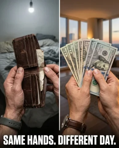 Before and After Payday Split Scene Meme 4 — Nano Banana AI Prompt: On the left: a close-up of hands holding an open empty wallet turned upside down...