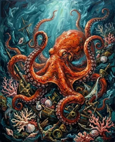 Chaotic Impasto Oil Painting of a Deep-Sea Octopus 1 — Nano Banana AI Prompt: The tentacles are entangled with branching coral formations in pale rose and ivo...