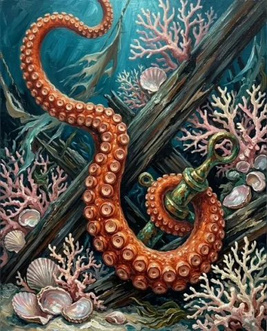 Chaotic Impasto Oil Painting of a Deep-Sea Octopus 4 — Nano Banana AI Prompt: The tentacle enters from the upper left and curves downward through the center o...