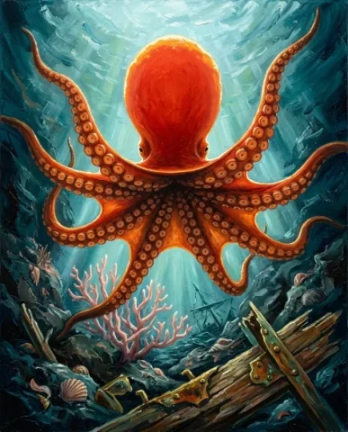 Chaotic Impasto Oil Painting of a Deep-Sea Octopus 5 — Nano Banana AI Prompt: The octopus's underside is visible — the sucker-lined arms spread outward in a r...