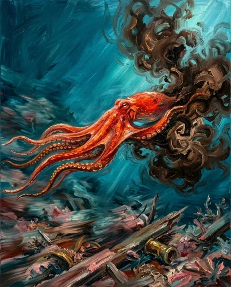 Chaotic Impasto Oil Painting of a Deep-Sea Octopus 6