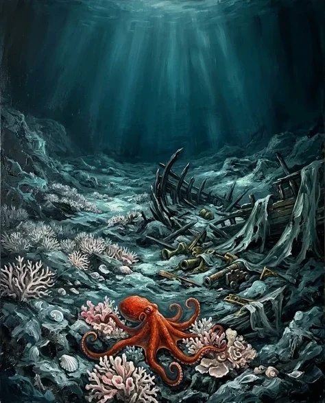 Chaotic Impasto Oil Painting of a Deep-Sea Octopus 7