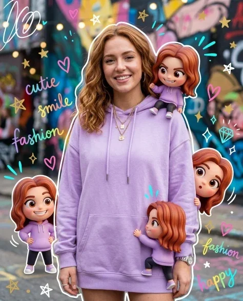 Mixed-Media Portrait with Chibi Companions and Doodles 1