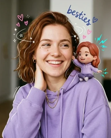 Mixed-Media Portrait with Chibi Companions and Doodles 2 — Nano Banana AI Prompt: She wears an oversized lilac hoodie with the collar visible and layered gold cha...
