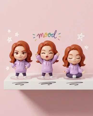 Mixed-Media Portrait with Chibi Companions and Doodles 3 — Nano Banana AI Prompt: Each chibi shares the same face — matching the auburn-haired woman from the port...