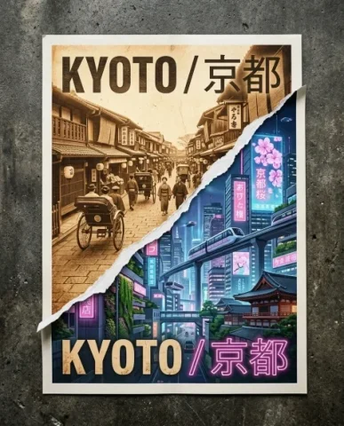 Torn Poster Revealing Two Contrasting Eras of a Historic City 1 — Nano Banana AI Prompt: Top-down photograph of a printed poster lying flat on a dark textured concrete s...