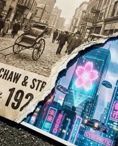 Torn Poster Revealing Two Contrasting Eras of a Historic City 2 — Nano Banana AI Prompt: An extreme close-up photograph of the torn diagonal edge at the center of the po...