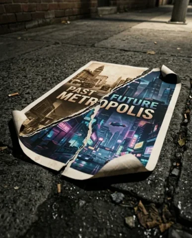 Torn Poster Revealing Two Contrasting Eras of a Historic City 6 — Nano Banana AI Prompt: The camera is positioned just above the concrete surface looking across the post...