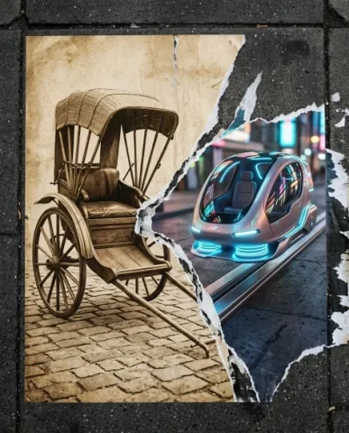 Torn Poster Revealing Two Contrasting Eras of a Historic City 7 — Nano Banana AI Prompt: The warm amber film grain and faded quality anchor it in the past. Across the to...