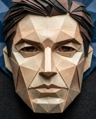 Origami Paper Craft Movie Poster Transformation 2 — Nano Banana AI Prompt: An extreme macro photograph of the hero figure's face on the origami paper craft...