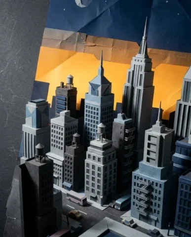 Origami Paper Craft Movie Poster Transformation 3 — Nano Banana AI Prompt: Folded paper buildings rise as geometric towers — each building constructed from...