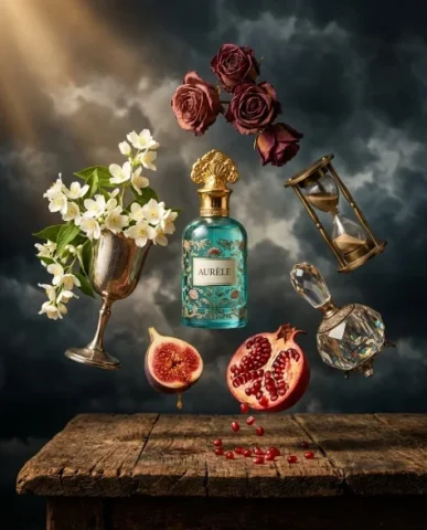 Surreal Baroque Luxury Perfume Advertisement 1 — Nano Banana AI Prompt: Suspended in a carefully arranged constellation around the bottle: a polished si...