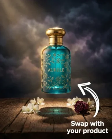 Surreal Baroque Luxury Perfume Advertisement 3 — Nano Banana AI Prompt: The bottle floats above the rustic aged wooden table with deep grain and dark pa...