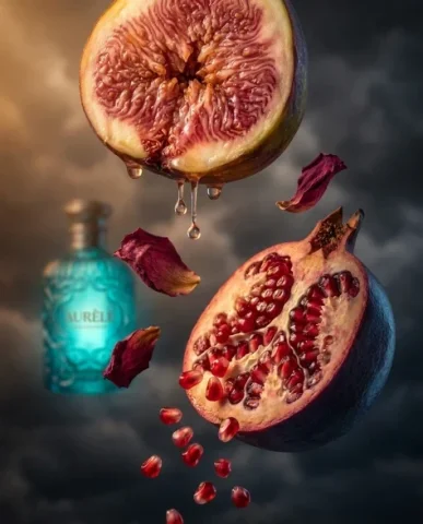 Surreal Baroque Luxury Perfume Advertisement 4 — Nano Banana AI Prompt: The fig fills the upper frame — its exposed magenta flesh glistening with moistu...