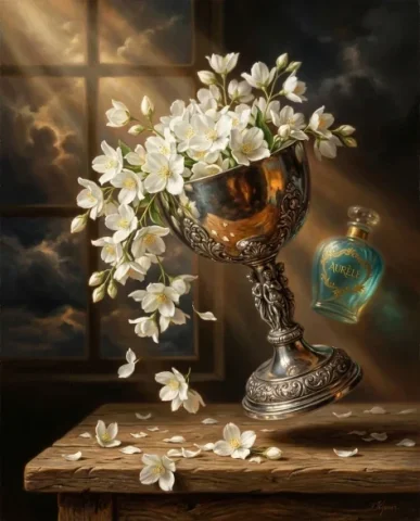 Surreal Baroque Luxury Perfume Advertisement 5 — Nano Banana AI Prompt: The chalice is polished silver with an ornate classical stem showing baroque scr...