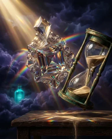 Surreal Baroque Luxury Perfume Advertisement 6 — Nano Banana AI Prompt: The crystal ornament dominates the center — faceted geometric surfaces catching...