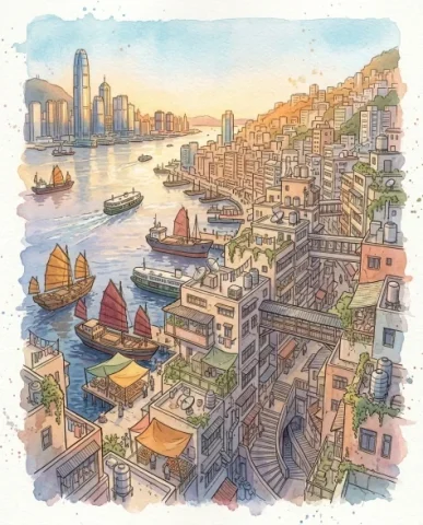 Fantasy Watercolor Hillside Harbor City 1 — Nano Banana AI Prompt: The harbor is packed with cargo ships bearing sails in warm ochre and deep crims...