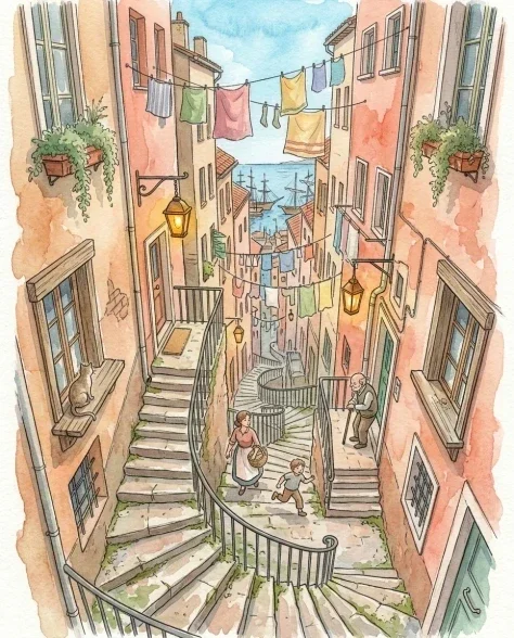 Fantasy Watercolor Hillside Harbor City 2
