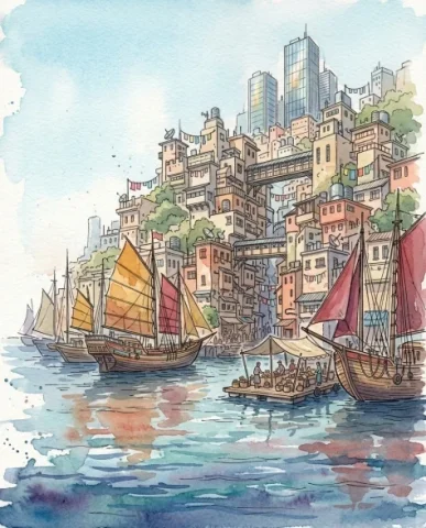 Fantasy Watercolor Hillside Harbor City 3 — Nano Banana AI Prompt: Cargo ships with colorful sails in warm ochre and deep crimson fill the middle g...