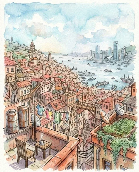 Fantasy Watercolor Hillside Harbor City 4