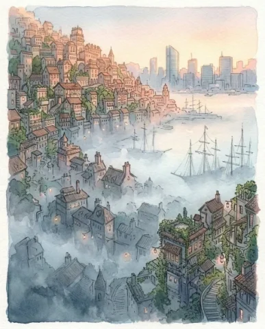 Fantasy Watercolor Hillside Harbor City 5 — Nano Banana AI Prompt: The upper hillside is illuminated by the first warm pink and pale gold light of...